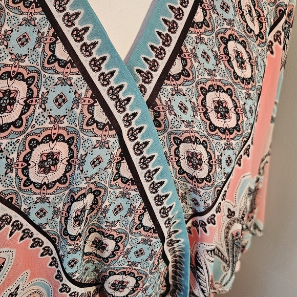 Cato Peach and Teal Boho Print Faux Wrap Style Dress with Deep V Neck - Picture 6 of 11